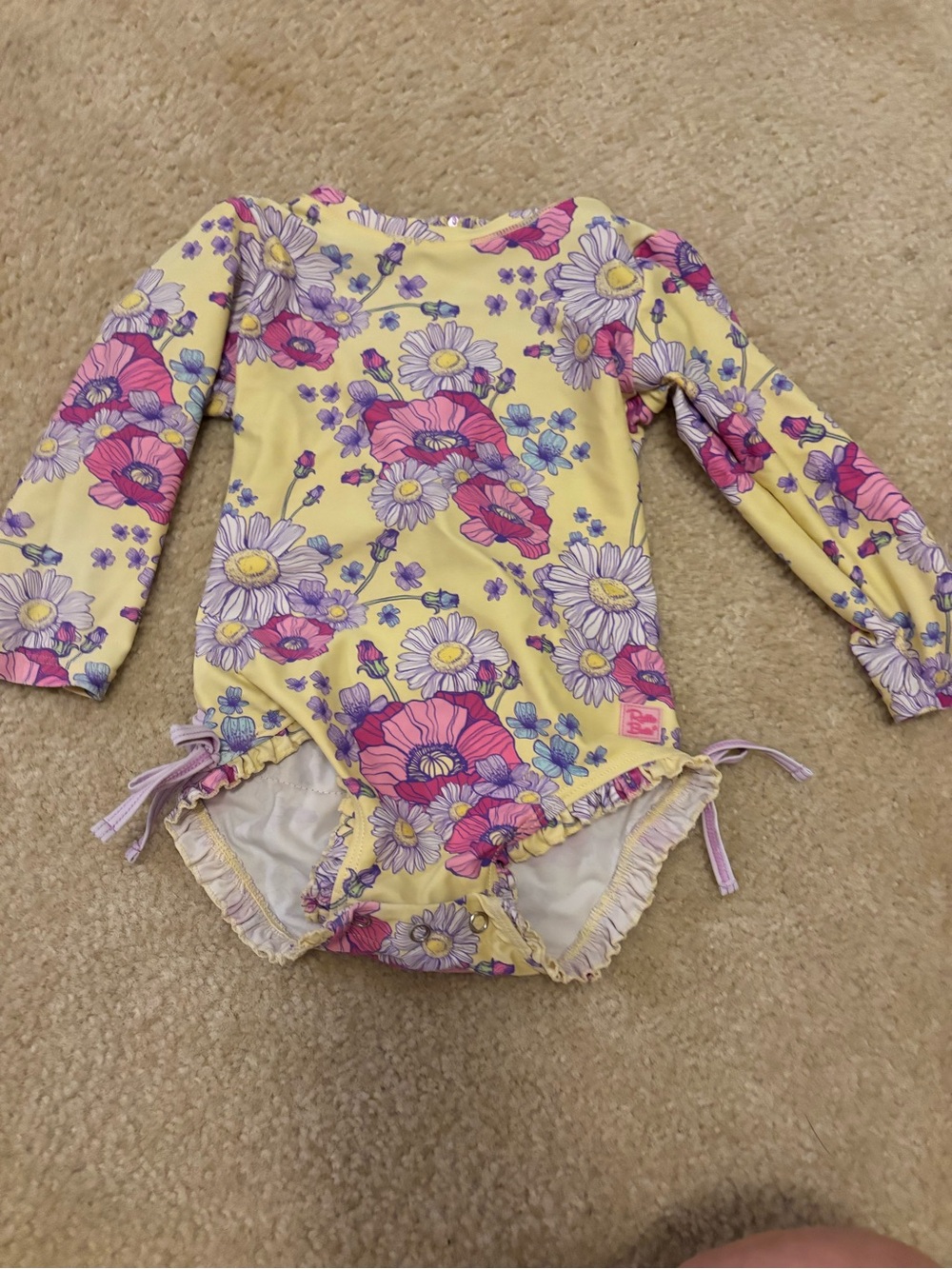 Ruffle Butts Yellow Floral Long-Sleeve One-Piece Swimsuit- 2T